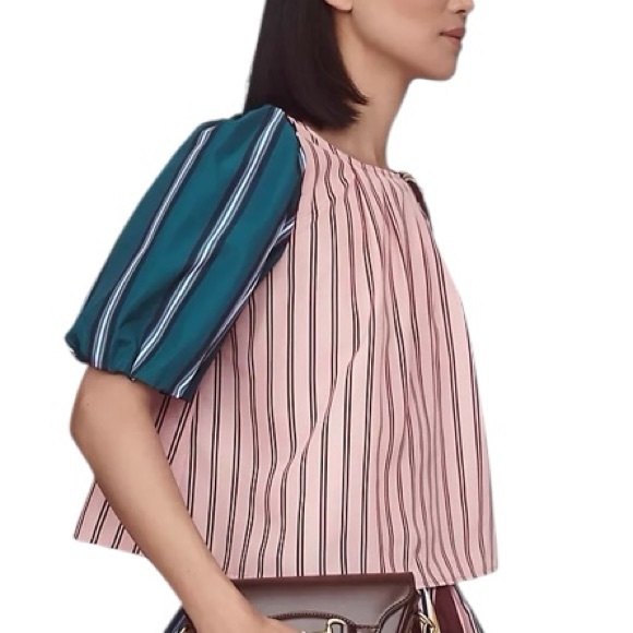 Maeve Anthropologie Taffeta Bow Swing Blouse Puff Sleeve size XS Pink Stripe - Picture 3 of 10